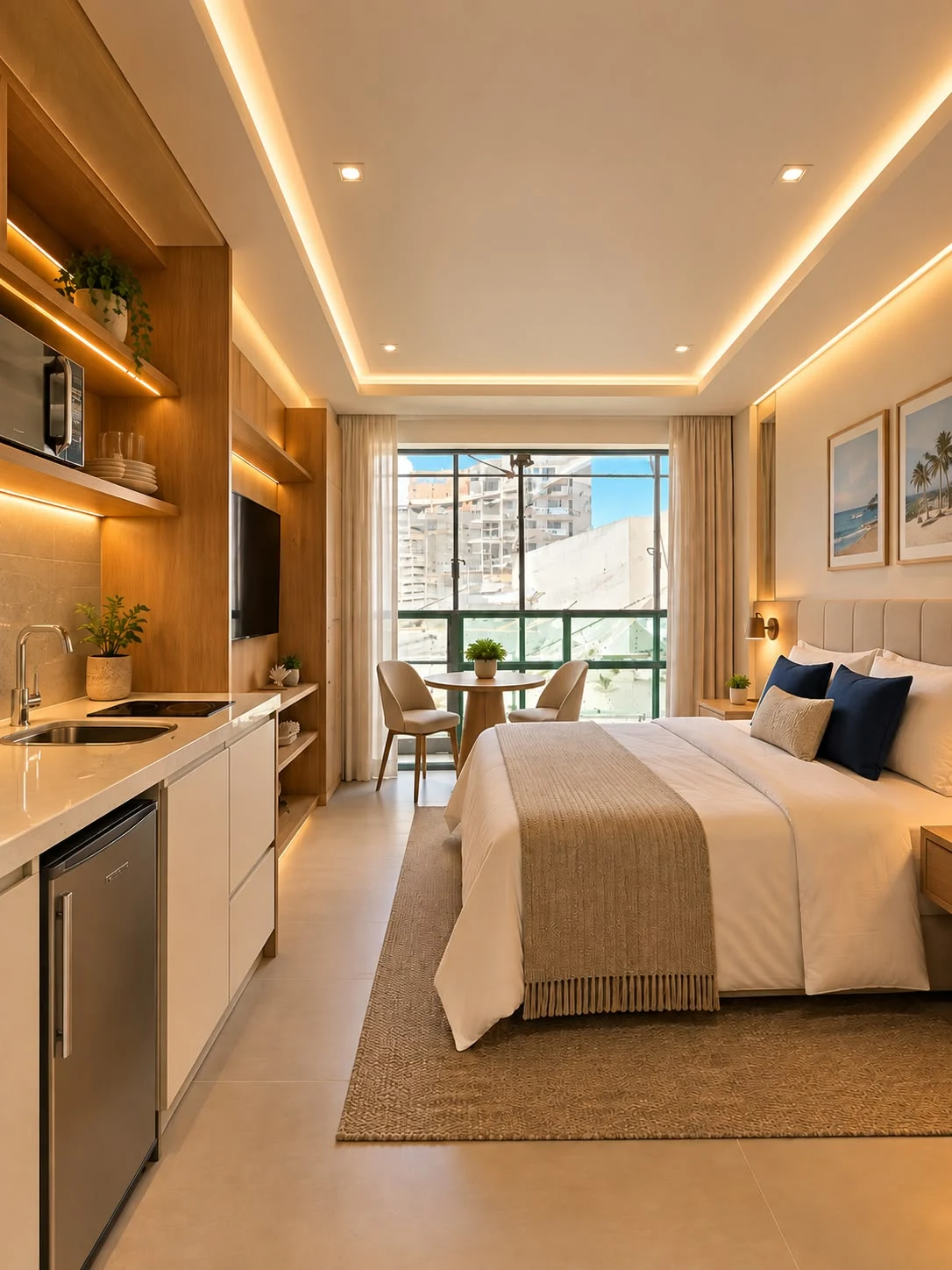 Flat com cama arrumada, cozinha e mesa organizadas