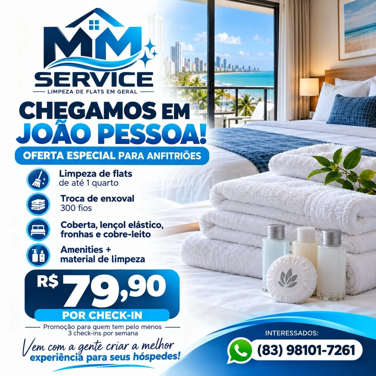 Oferta MM Service: R$ 79,90 por check-in para flat de até 1 quarto, com pelo menos 3 check-ins por semana